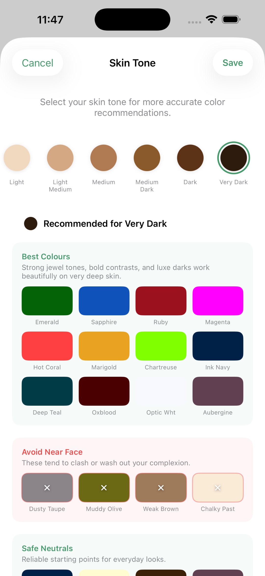 Skin tone colour guide